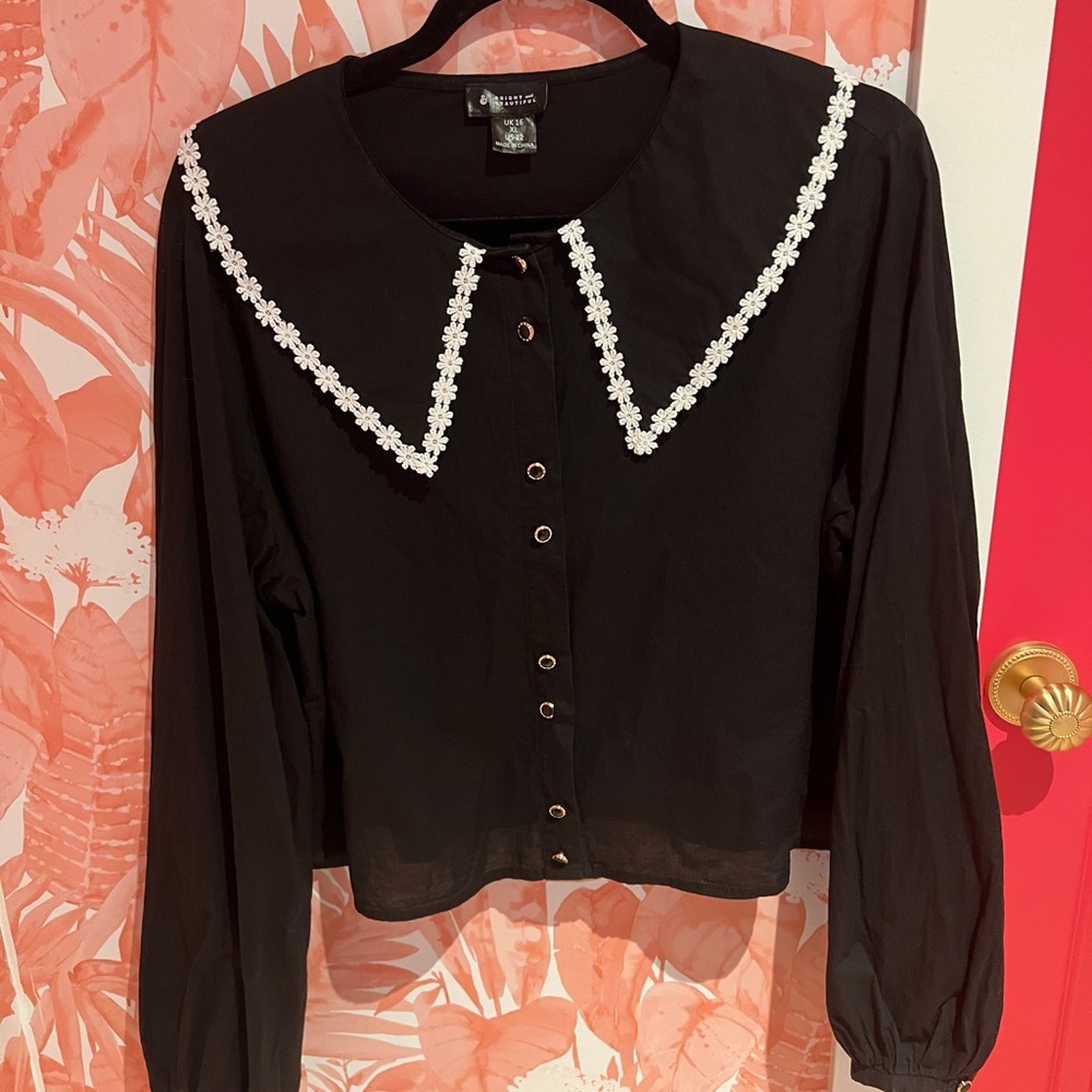 Collectif Black Blouse with White Floral Trim